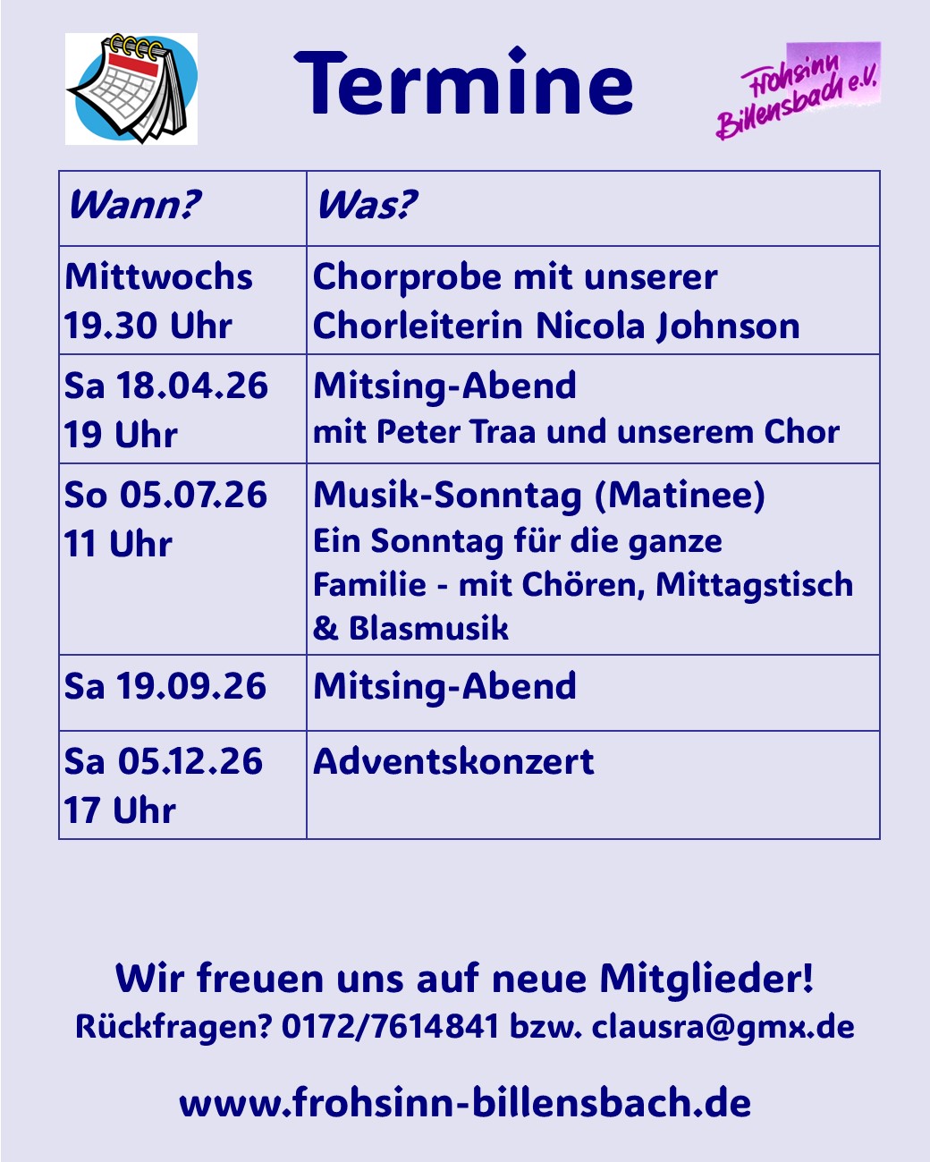 Terminplan des Frohsinn Billensbach für das Jahr 2026