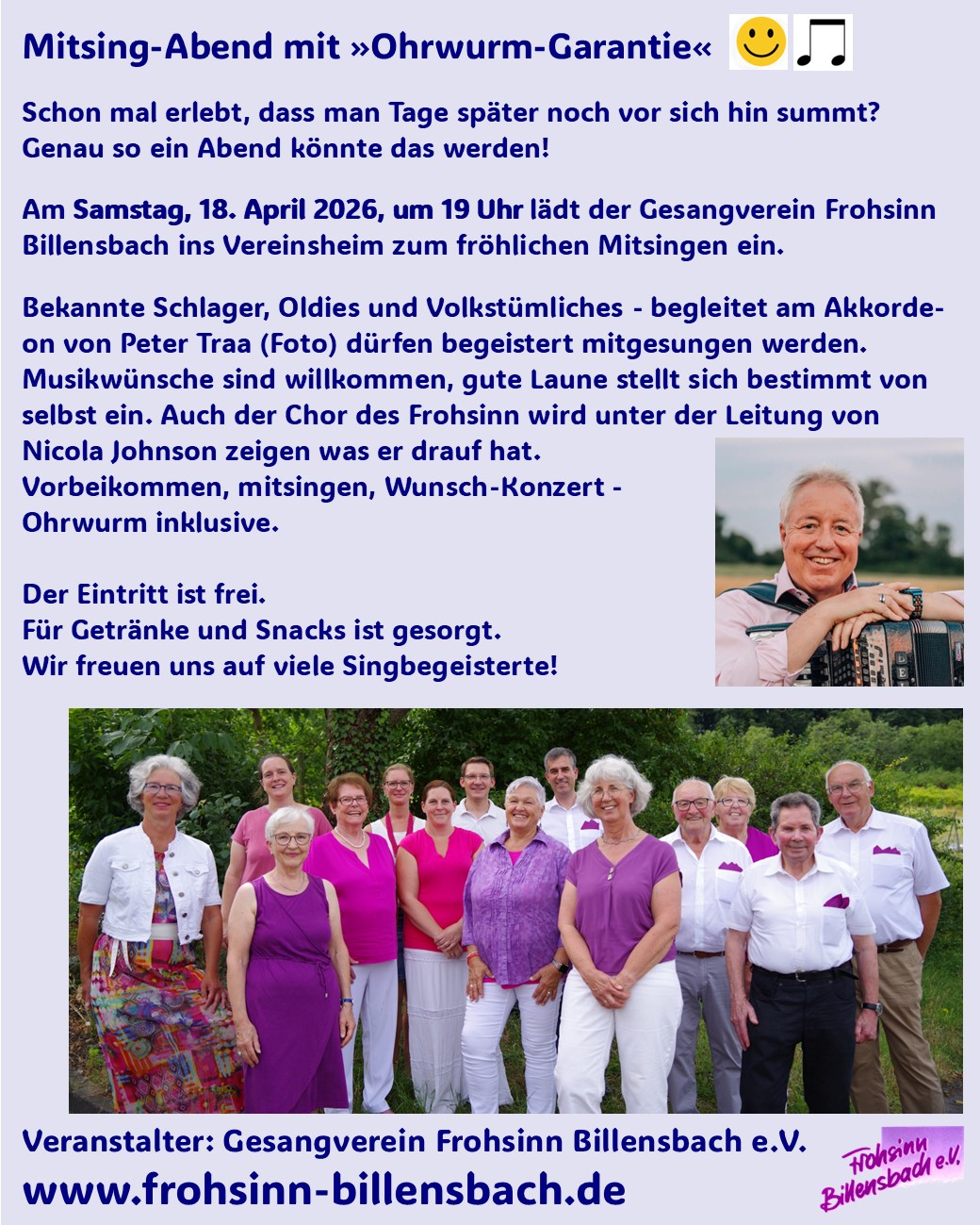 Terminplan des Frohsinn Billensbach für das Jahr 2026